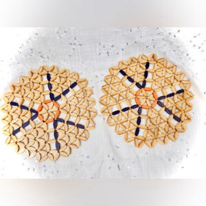 Pair- 9” Vintage Bamboo Trivets Wall Art Natural bamboo with Orange and Purple.